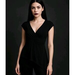 Vintage Y2K Babydoll Top Size Large  Black Faux Wrap Asymmetrical Hem Grunge